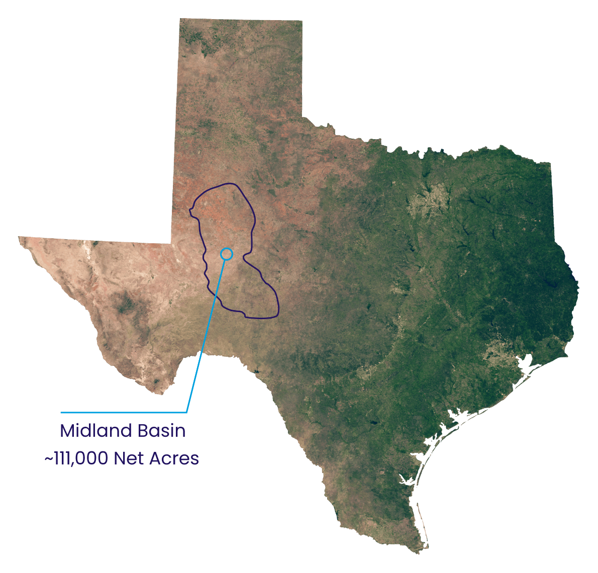 Topographical map of Texas showing the Midland Basin asset area.